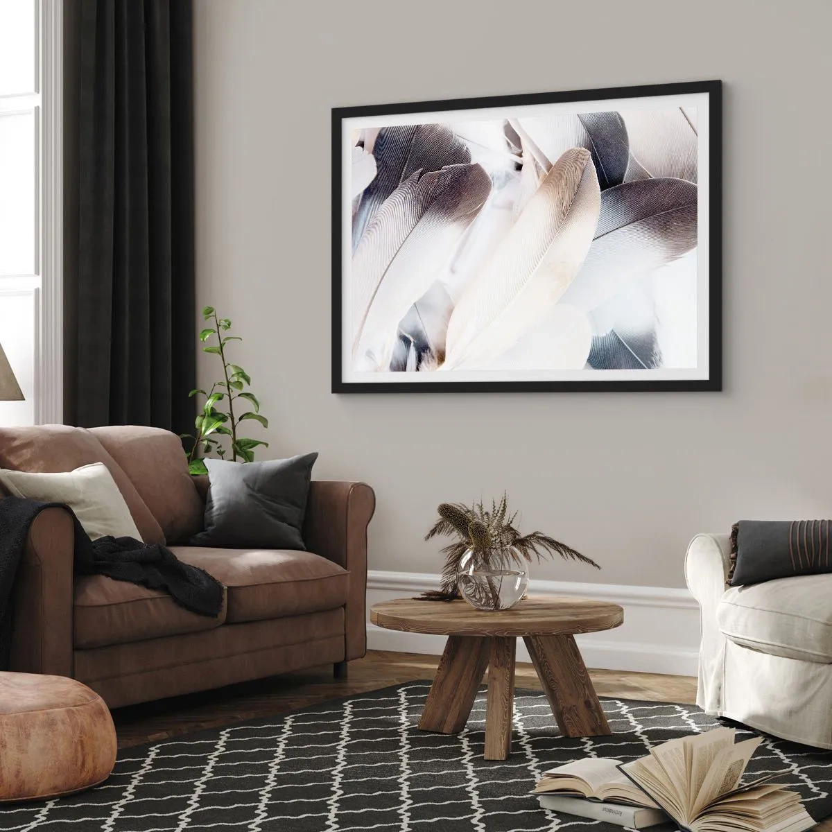 Poster in einem schwarzem Rahmen - Nahaufnahme zarter Federn in Weiß- und Grautönen - 100x70cm - Fast engelhaft - Moderne Wanddekoration für Wohnzimmer und Schlafzimmer ARTTOR