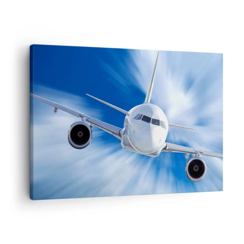 Bild auf Leinwand - Leinwandbild - Ein Passagierflugzeug in Bewegung gegen den Himmel - 70x50cm - Schneller als der Wind am Himmel - Moderne Wanddekoration für Wohnzimmer und Schlafzimmer ARTTOR