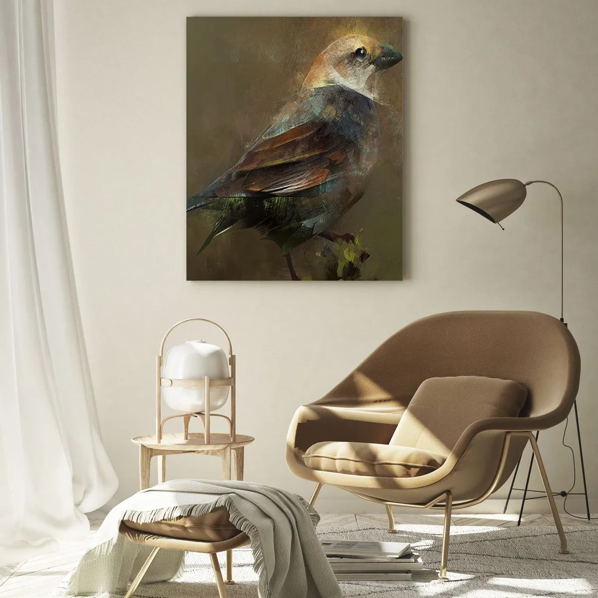 Glasbild - Bild auf glas - Ein Spatz in künstlerischem, malerischem Stil vor neutralem Hintergrund - 50x70cm - Ein Spatz, ein kleines Vögelchen - Moderne Wanddekoration für Wohnzimmer und Schlafzimmer ARTTOR