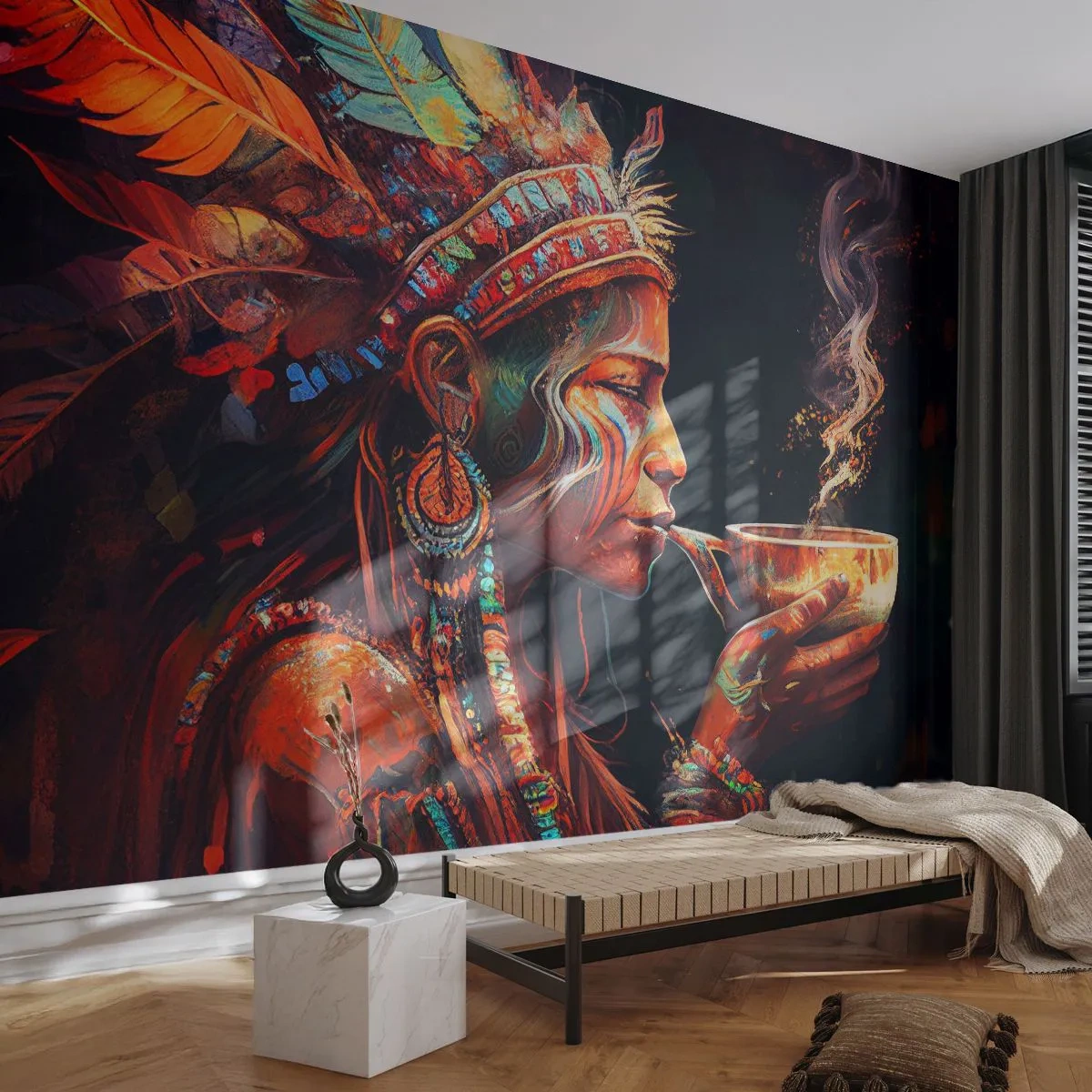Fototapete Premium Sand - Eine Frau mit Federkopfschmuck und rituellem Aufguss - 100x70cm - Magisches Ritual - Moderne Wanddekoration für Wohnzimmer und Schlafzimmer ARTTOR