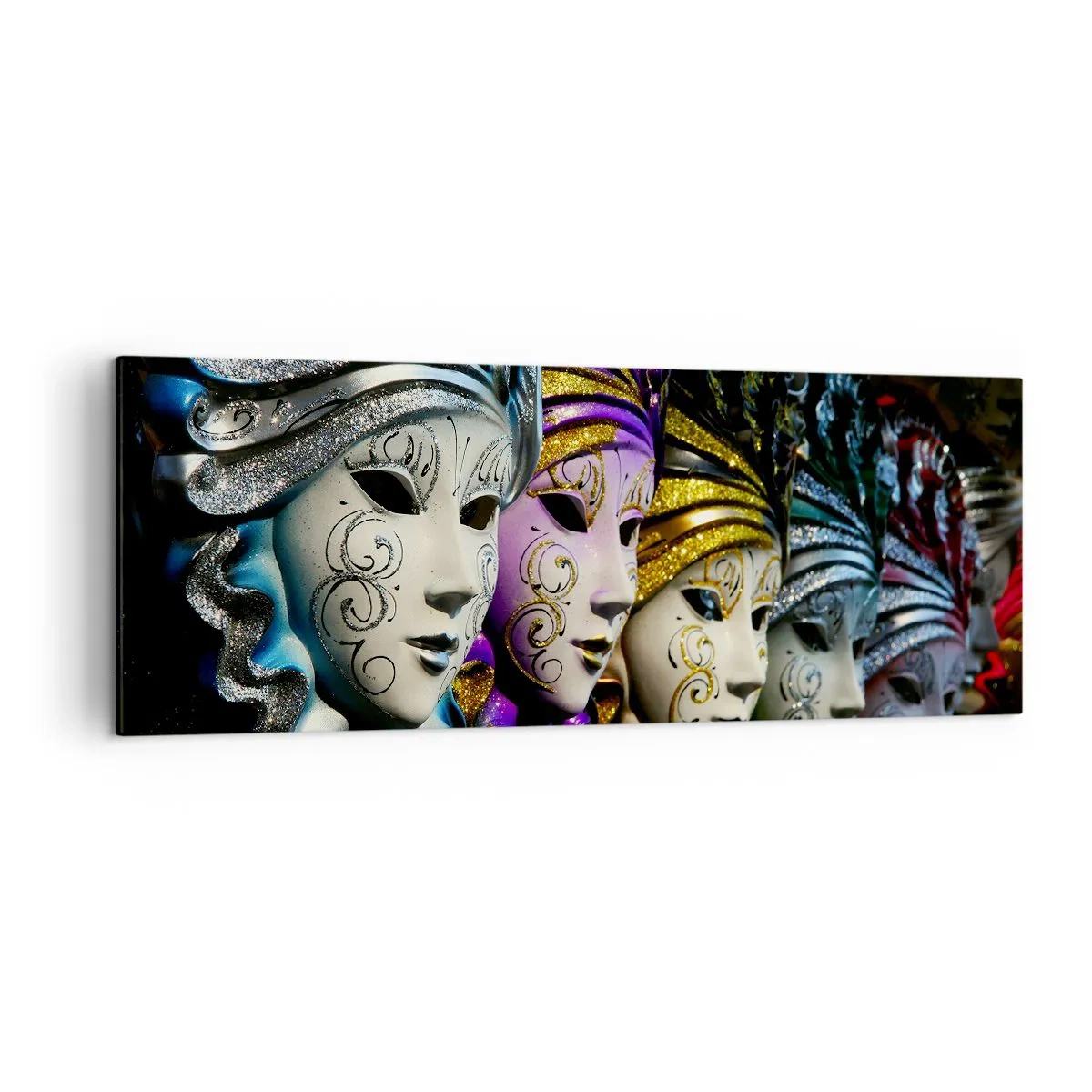 Bild auf Leinwand - Leinwandbild - Venezianische Masken in verschiedenen Farben mit dekorativen Mustern - 140x50cm - Geheimnis in Gold und Silber - Moderne Wanddekoration für Wohnzimmer und Schlafzimmer ARTTOR