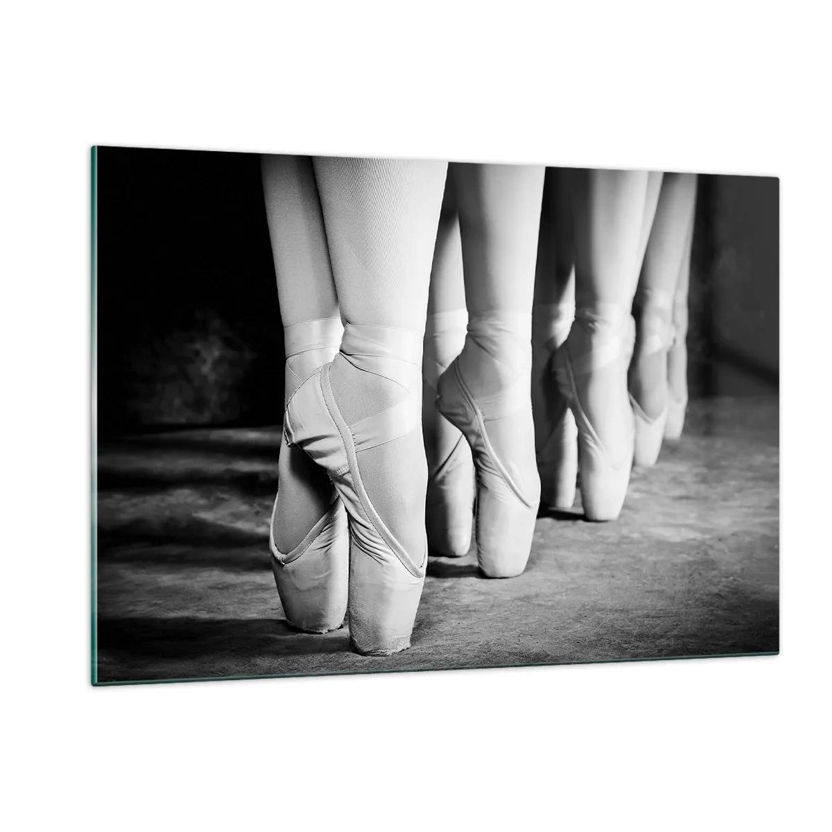 Glasbild - Bild auf glas - Ballerinas auf Spitze in schwarz-weißer Umgebung - 120x80cm - Gemeinsam, leicht - Moderne Wanddekoration für Wohnzimmer und Schlafzimmer ARTTOR