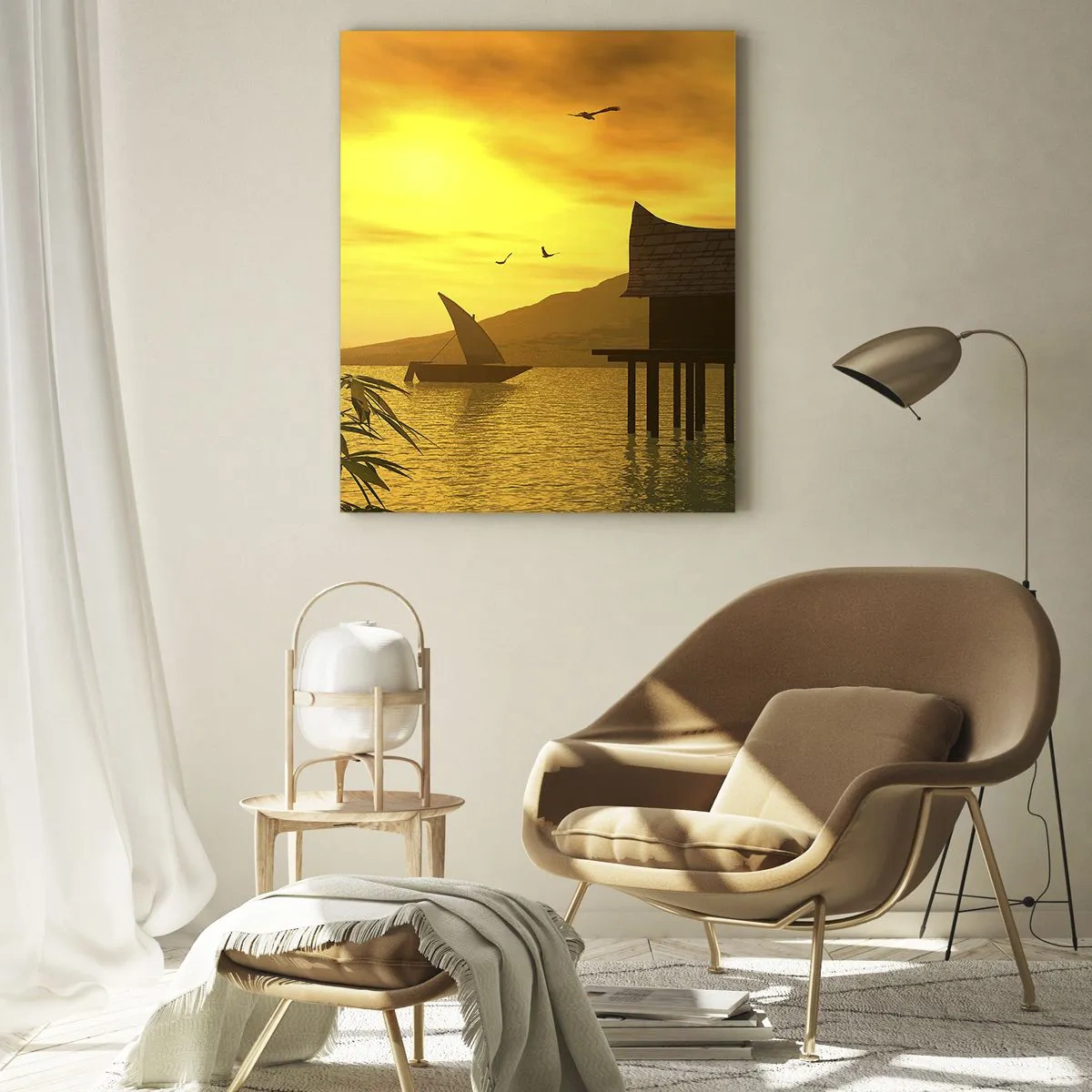 Glasbild - Bild auf glas - Sonnenuntergang über dem See mit einem Haus auf Stelzen - 50x70cm - Der ersehnte Frieden - Moderne Wanddekoration für Wohnzimmer und Schlafzimmer ARTTOR