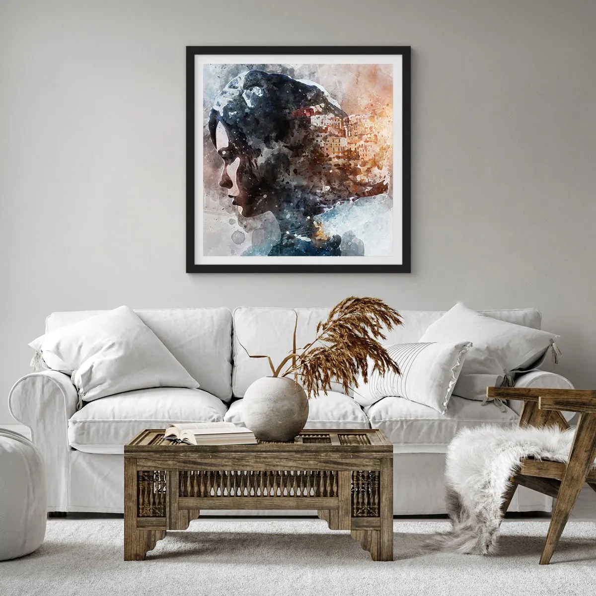 Poster in einem schwarzem Rahmen - Eine Geschichte über ein Mädchen mit einer Stadt im Hintergrund - 40x40 cm