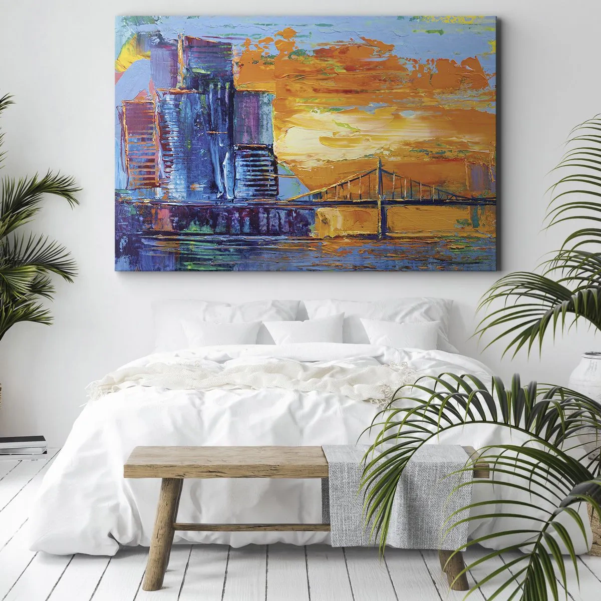 Bild auf Leinwand - Leinwandbild - Eine farbenfrohe Stadt mit einer Brücke in der untergehenden Sonne - 70x50cm - Kultur und Natur - Moderne Wanddekoration für Wohnzimmer und Schlafzimmer ARTTOR