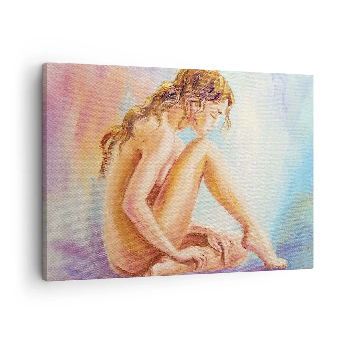 Bild auf Leinwand - Leinwandbild - Eine zarte Figur einer Frau auf einem pastellfarbenen Hintergrund - 70x50cm - Akt der Jugend - Moderne Wanddekoration für Wohnzimmer und Schlafzimmer ARTTOR