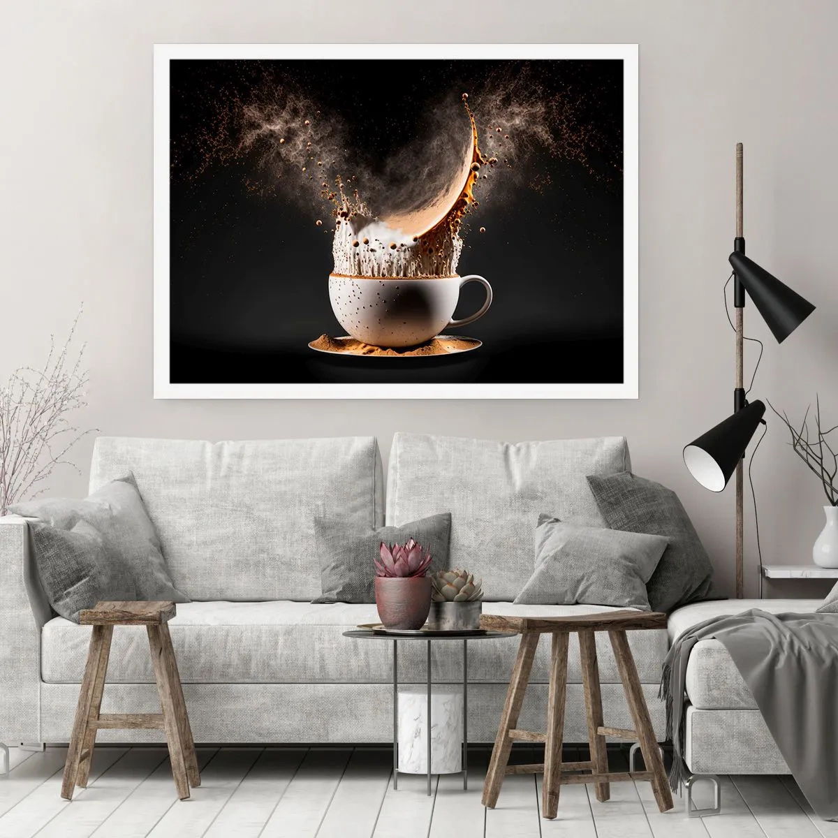 Poster - Eine Tasse Kaffee mit einer dynamischen Flüssigkeitsexplosion auf schwarzem Hintergrund. - 100x70cm - Geschmacksexplosion - Moderne Wanddekoration für Wohnzimmer und Schlafzimmer ARTTOR
