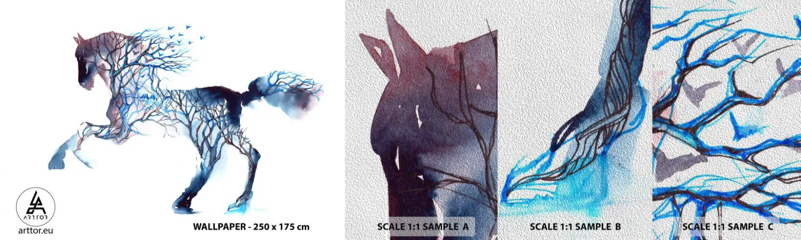 Fototapeten Muster Premium Sand - Und als wäre der Wald umgezogen - Abstraktion, Pferd, Tiere - 100x30 cm