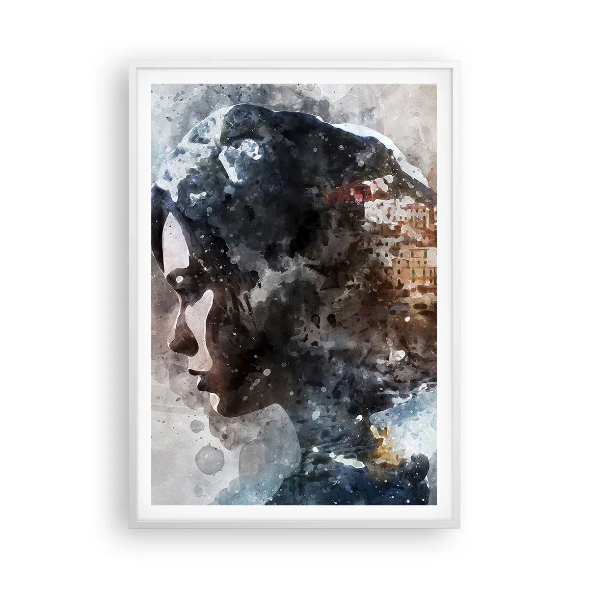 Poster in einem weißen Rahmen - Eine Geschichte über ein Mädchen mit einer Stadt im Hintergrund - 70x100 cm