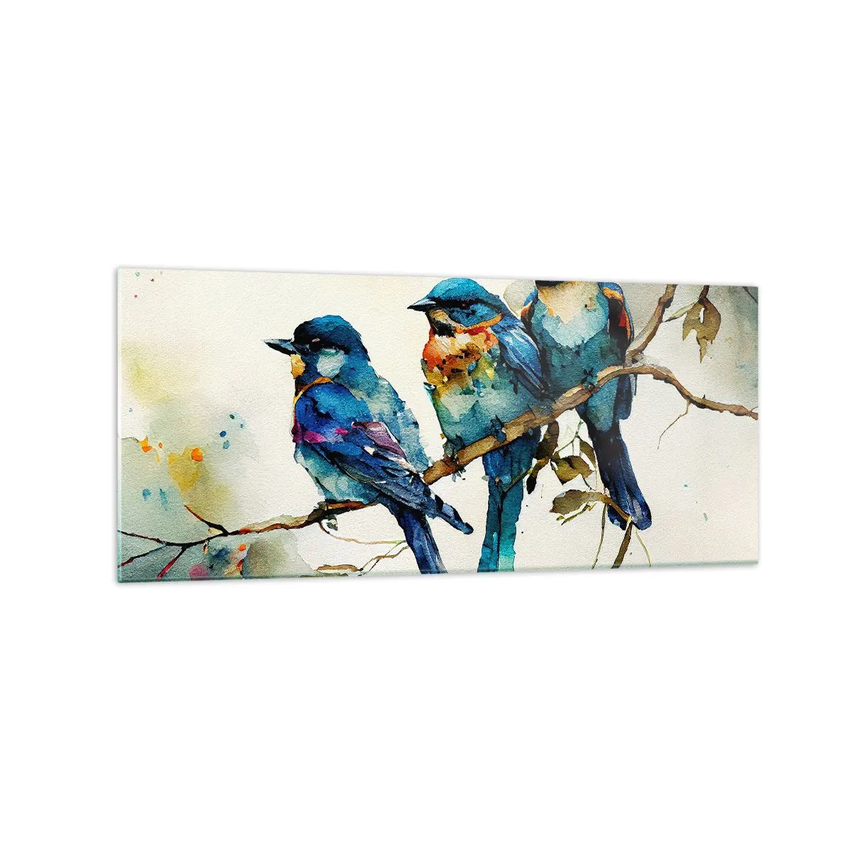 Glasbild - Bild auf glas - Drei bunte Vögel auf einem Ast im Aquarellstil - 120x50cm - War er beleidigt? - Moderne Wanddekoration für Wohnzimmer und Schlafzimmer ARTTOR