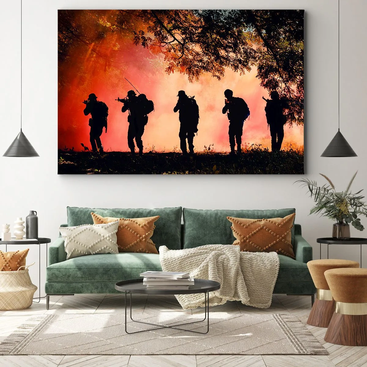 Bild auf Leinwand - Leinwandbild - Silhouetten von Soldaten im Wald vor dem orangefarbenen Himmel - 120x80cm - … Alle für einen. - Moderne Wanddekoration für Wohnzimmer und Schlafzimmer ARTTOR
