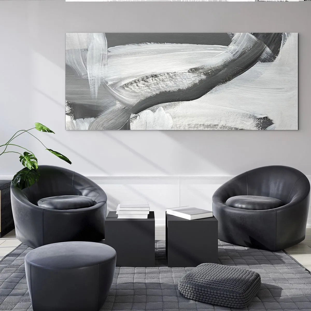 Glasbild - Bild auf glas - Grau-weiße Abstraktion mit dynamischen Linien - 160x50cm - Entscheidender Schritt - Moderne Wanddekoration für Wohnzimmer und Schlafzimmer ARTTOR