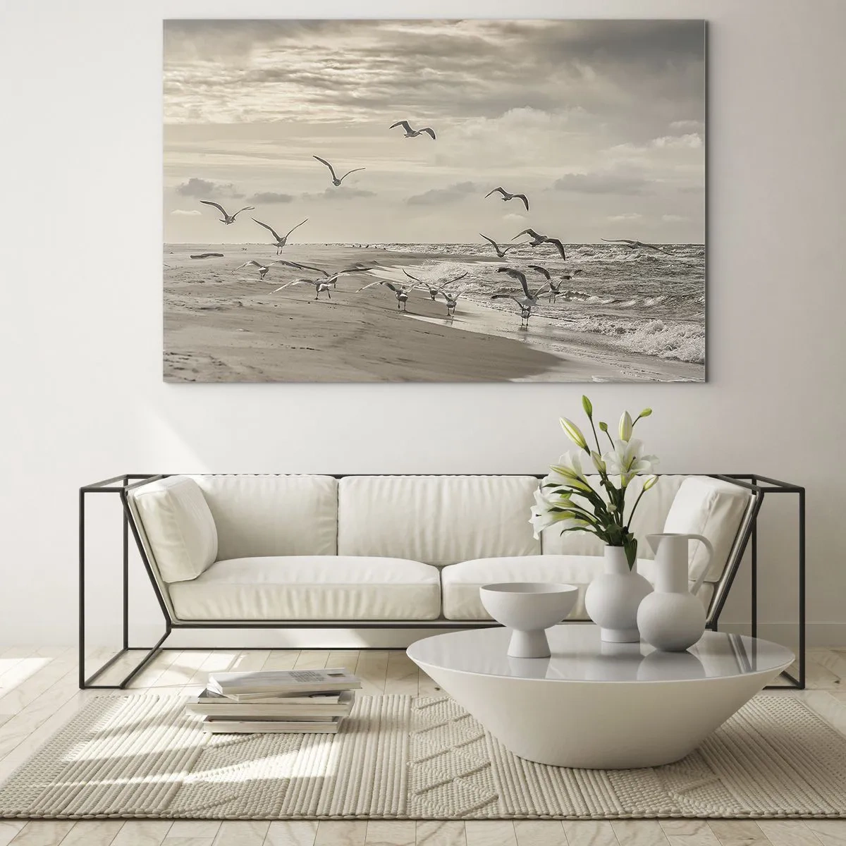 Glasbild - Bild auf glas - Vögel an der Küste im Morgengrauen in Sepiatönen - 70x50cm - Meeresrauschen, Vogelgesang - Moderne Wanddekoration für Wohnzimmer und Schlafzimmer ARTTOR