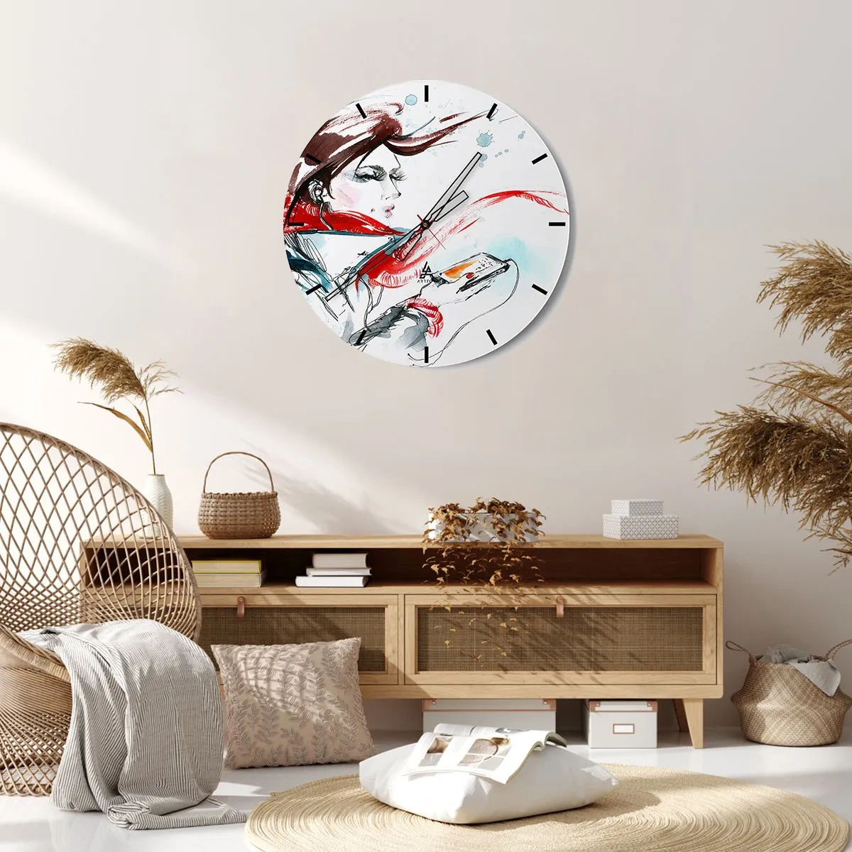 Wanduhr - Glasuhr - Porträt einer Frau mit rotem Schal und Gitarre im Aquarellstil - 30x30cm - Mit mir stimmt was nicht - Moderne Wanddekoration für Wohnzimmer, Küche und Schlafzimmer ARTTOR