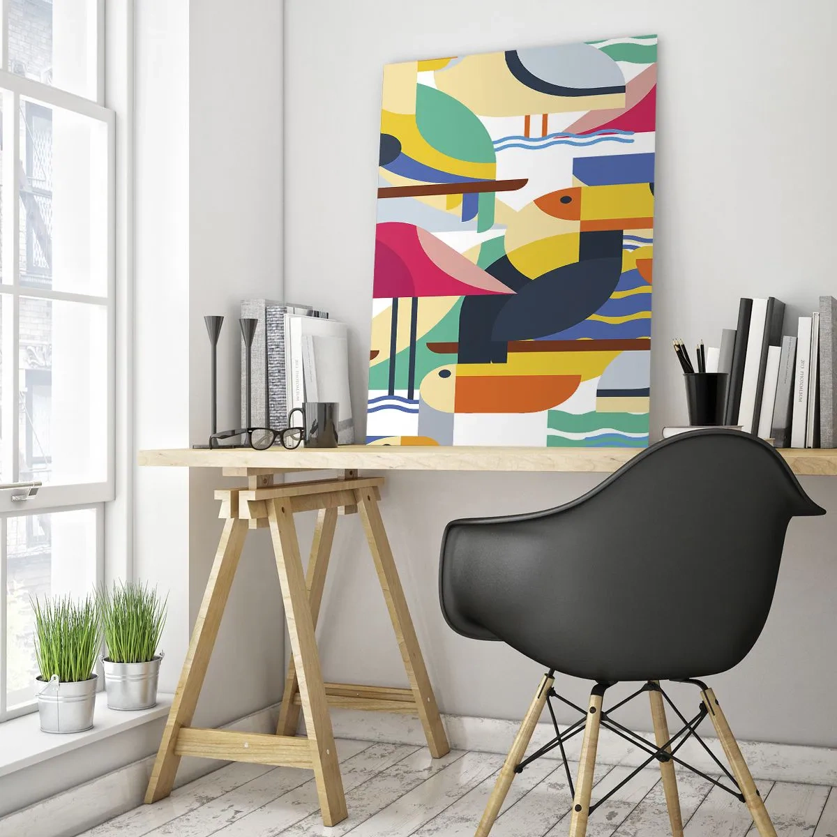 Glasbild - Bild auf glas - Bunte Vögel in einer abstrakten, geometrischen Komposition - 70x100cm - Vogelparty - Moderne Wanddekoration für Wohnzimmer und Schlafzimmer ARTTOR