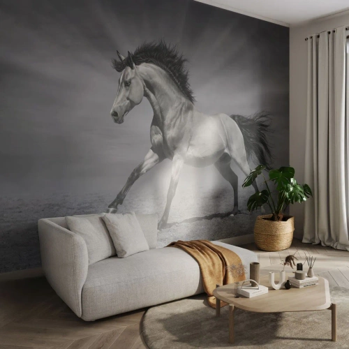 Fototapete Premium Sand - Ein schwarz-weißes Pferd, das vor einem Wüstenhintergrund rennt - 100x70cm - Geboren um Freude zu bereiten - Moderne Wanddekoration für Wohnzimmer und Schlafzimmer ARTTOR