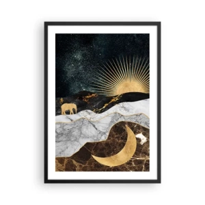 Poster in einem schwarzem Rahmen - Goldene Landschaft mit Mond, Sonne und der Silhouette eines Elefanten - 50x70cm - Ewige Gesetze - Moderne Wanddekoration für Wohnzimmer und Schlafzimmer ARTTOR