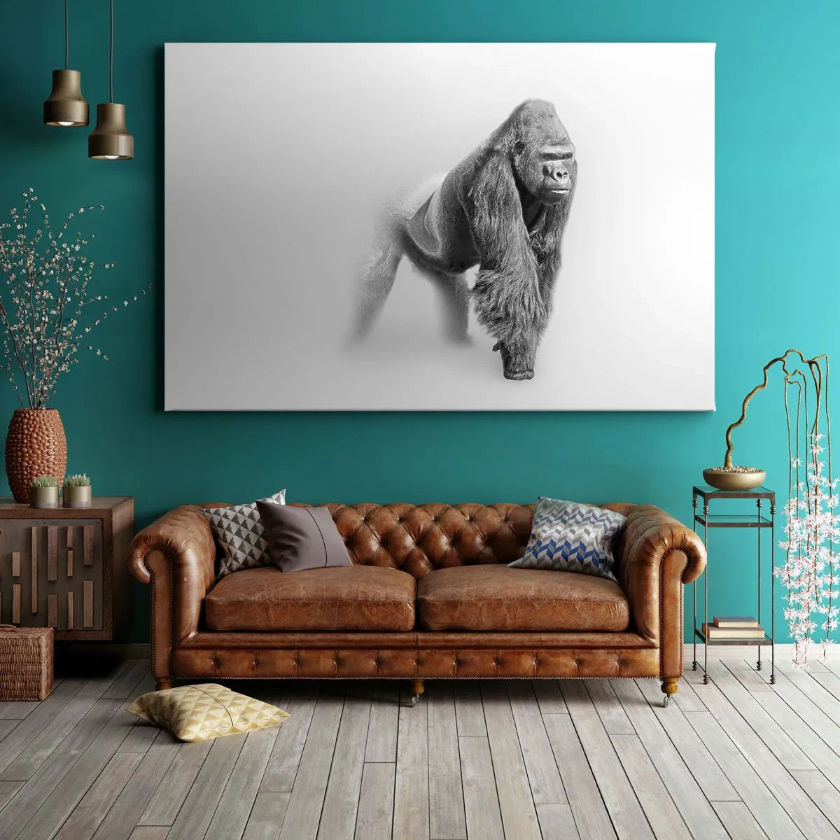 Bild auf Leinwand - Leinwandbild - Gorilla in monochromen Tönen auf weißem Hintergrund - 100x70cm - Zuversichtlich in seiner Stärke - Moderne Wanddekoration für Wohnzimmer und Schlafzimmer ARTTOR