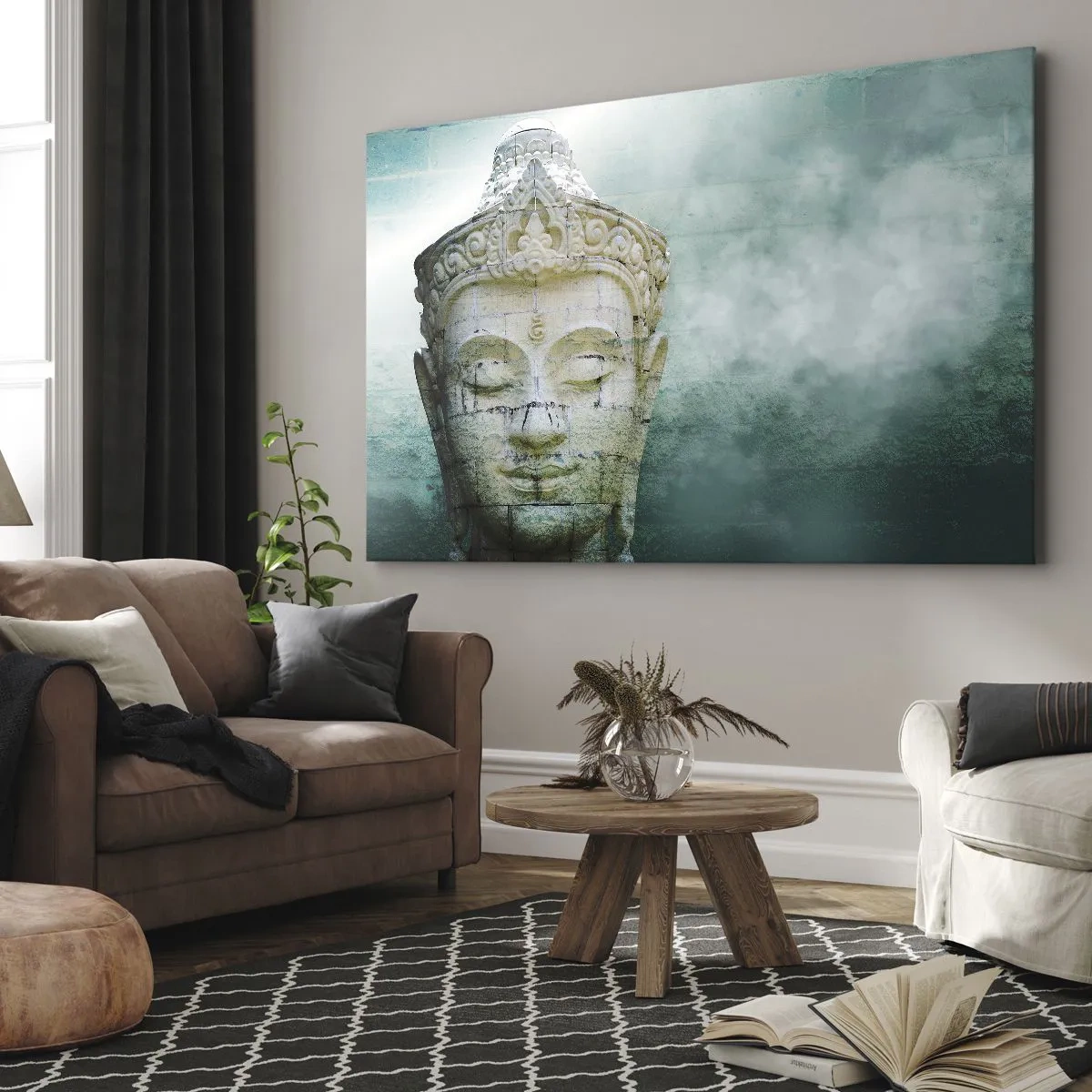 Bild auf Leinwand - Leinwandbild - Buddha-Statue mit sanftem Nebel vor grünem Hintergrund - 100x70cm - Auf der Suche nach dem Licht - Moderne Wanddekoration für Wohnzimmer und Schlafzimmer ARTTOR