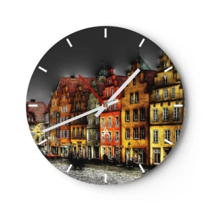 Wanduhr - Glasuhr - Bunte Mietshäuser vor dem dunklen Himmel - 30x30cm - Es fehlt nur noch ein verzaubertes Taxi - Moderne Wanddekoration für Wohnzimmer, Küche und Schlafzimmer ARTTOR