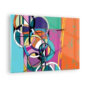 Glasbild - Bild auf glas - Bunte Abstraktion mit geometrischen Formen und Kreisen - 70x50cm - Rad für Rad - Moderne Wanddekoration für Wohnzimmer und Schlafzimmer ARTTOR