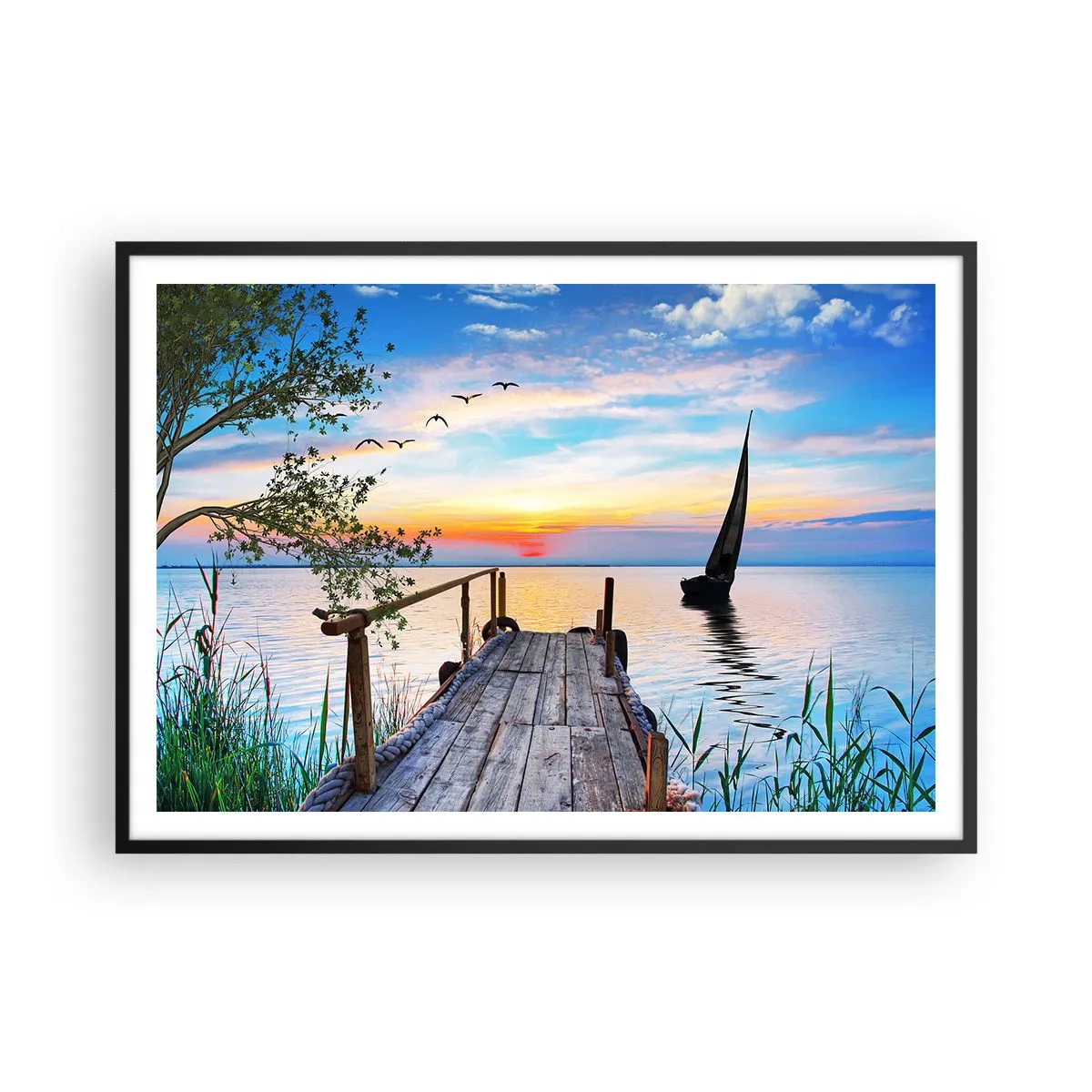 Poster in einem schwarzem Rahmen - Seepier mit Boot und Sonnenuntergang - 100x70cm - Guten Abend - Moderne Wanddekoration für Wohnzimmer und Schlafzimmer ARTTOR