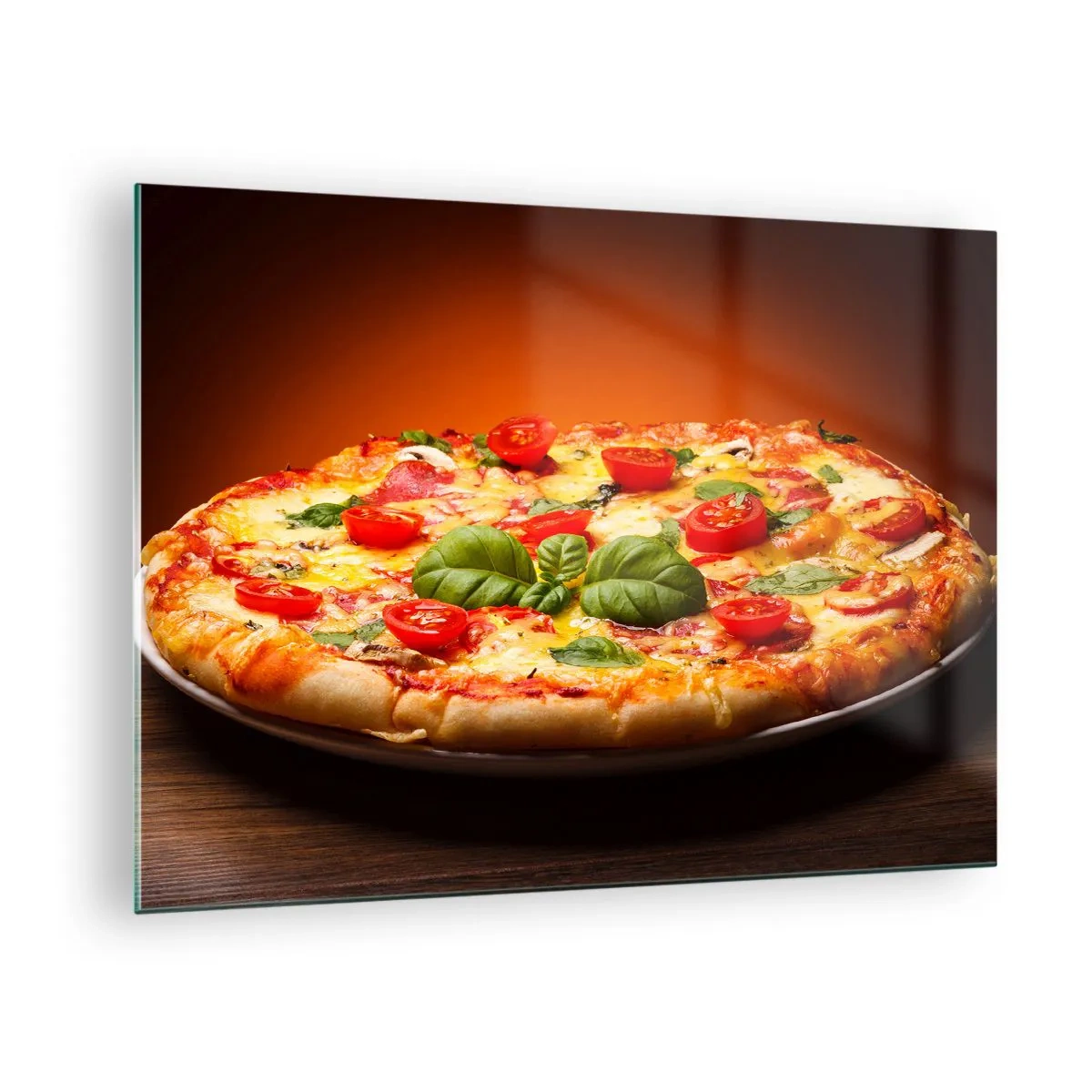 Glasbild - Bild auf glas - Pizza mit Tomaten, Basilikum und geschmolzenem Käse - 70x50cm - Mamma Mia! - Moderne Wanddekoration für Wohnzimmer und Schlafzimmer ARTTOR