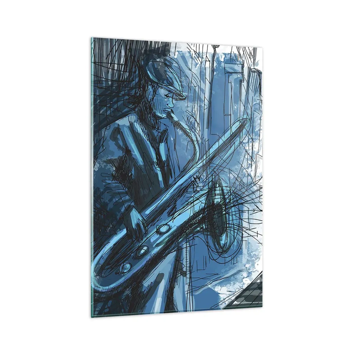 Glasbild - Bild auf glas - Eine Saxophon spielende Figur vor dem Hintergrund einer Stadt - 80x120cm - Urbane Rhapsodie - Moderne Wanddekoration für Wohnzimmer und Schlafzimmer ARTTOR