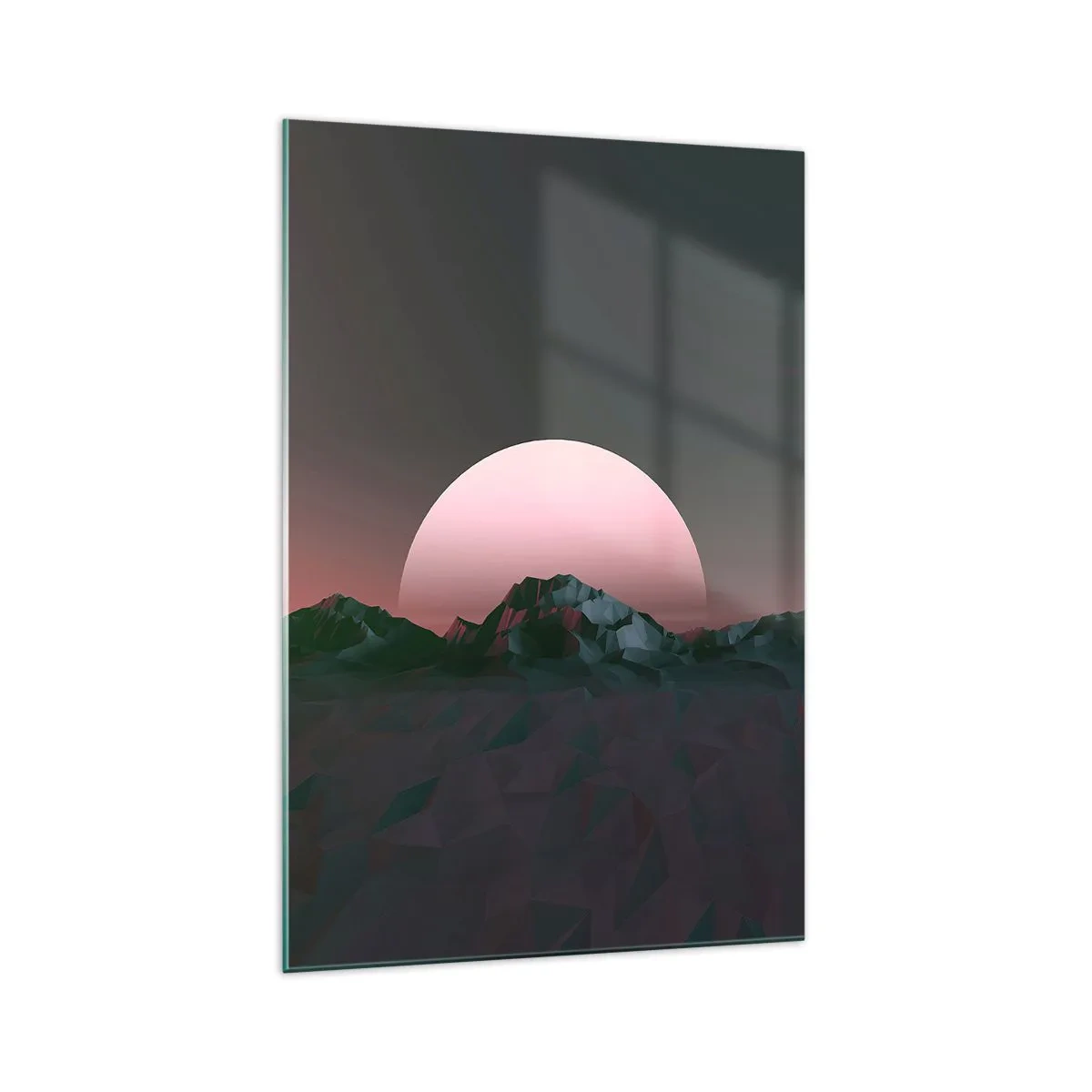 Glasbild - Bild auf glas - Geometrische Berge mit der untergehenden Sonne im Hintergrund - 70x100cm - In einer Nachbargalaxie - Moderne Wanddekoration für Wohnzimmer und Schlafzimmer ARTTOR