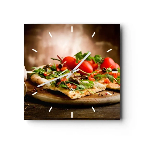 Wanduhr - Glasuhr - Pizza mit Gemüse auf einem Holzbrett im rustikalen Stil - 30x30cm - Direkt vom Herd und aus dem Garten - Moderne Wanddekoration für Wohnzimmer und Schlafzimmer ARTTOR