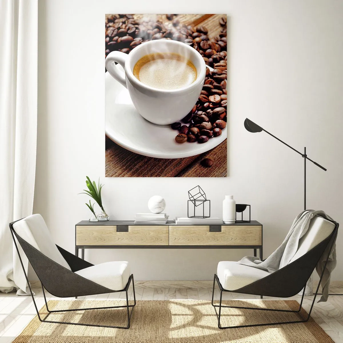 Glasbild - Bild auf glas - Eine Tasse aromatischen Kaffee vor dem Hintergrund von Bohnen und einem Blatt - 80x120cm - Kaffee auf der Bank - Moderne Wanddekoration für Wohnzimmer und Schlafzimmer ARTTOR