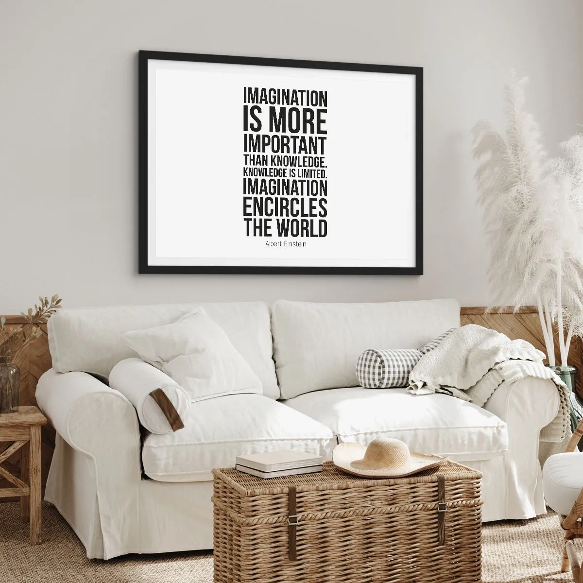 Poster in einem schwarzem Rahmen - Inspirierendes Zitat auf weißem Hintergrund in schwarzer Schrift - 100x70cm - Einstein über die Kraft der Vorstellungskraft - Moderne Wanddekoration für Wohnzimmer und Schlafzimmer ARTTOR