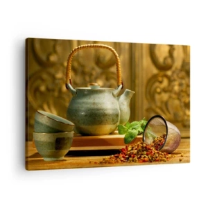 Bild auf Leinwand - Leinwandbild - Keramikkrug mit Tassen und getrocknetem Tee - 70x50cm - Abhandlung über das Teetrinken - Moderne Wanddekoration für Wohnzimmer und Schlafzimmer ARTTOR