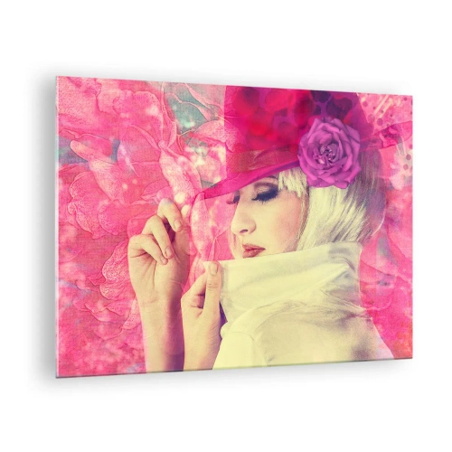 Glasbild - Bild auf glas - Illustration einer Frau mit einem rosa Hut und einer Blume im Hintergrund - 70x50cm - Retro-Porträt in einem rosa Nebel - Moderne Wanddekoration für Wohnzimmer und Schlafzimmer ARTTOR