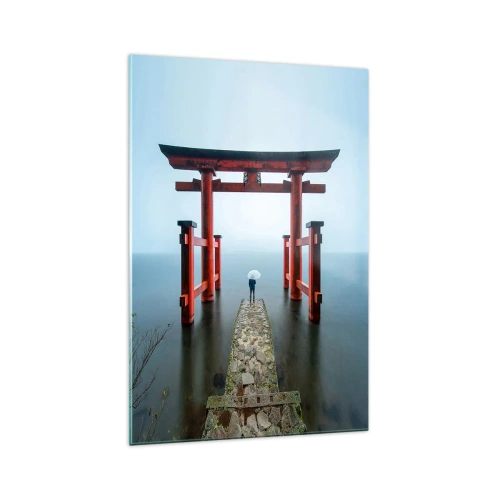 Glasbild - Bild auf glas - Ein Torii-Tor mit Blick auf einen ruhigen See in Japan - 70x100cm - Japanische Träumerei - Moderne Wanddekoration für Wohnzimmer und Schlafzimmer ARTTOR