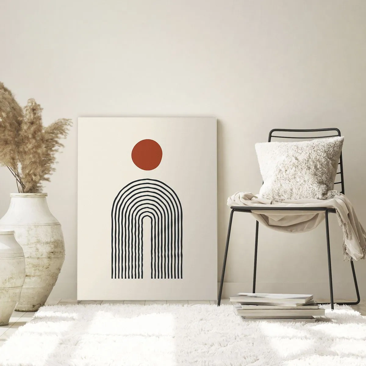 Glasbild - Bild auf glas - Modernes abstraktes Muster mit Linien und einem roten Kreis - 70x100cm - Magnetismus von Formen und Farben - Moderne Wanddekoration für Wohnzimmer und Schlafzimmer ARTTOR