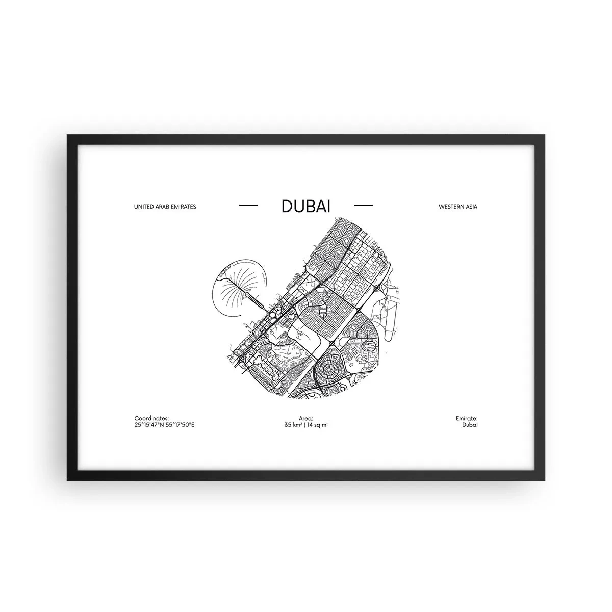 Poster in einem schwarzem Rahmen - Eine minimalistische Schwarzweißkarte von Dubai mit Standortmarkierungen. - 70x50cm - Anatomie von Dubai - Moderne Wanddekoration für Wohnzimmer und Schlafzimmer ARTTOR