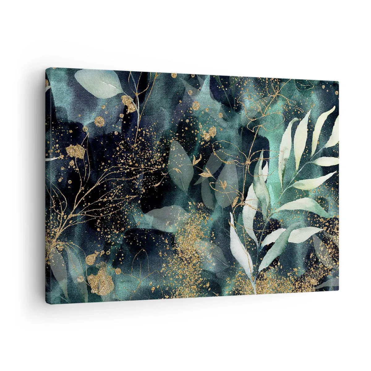 Bild auf Leinwand - Leinwandbild - Elegante Blätter auf dunklem Hintergrund mit goldenen Akzenten - 70x50cm - Zaubergarten - Moderne Wanddekoration für Wohnzimmer und Schlafzimmer ARTTOR
