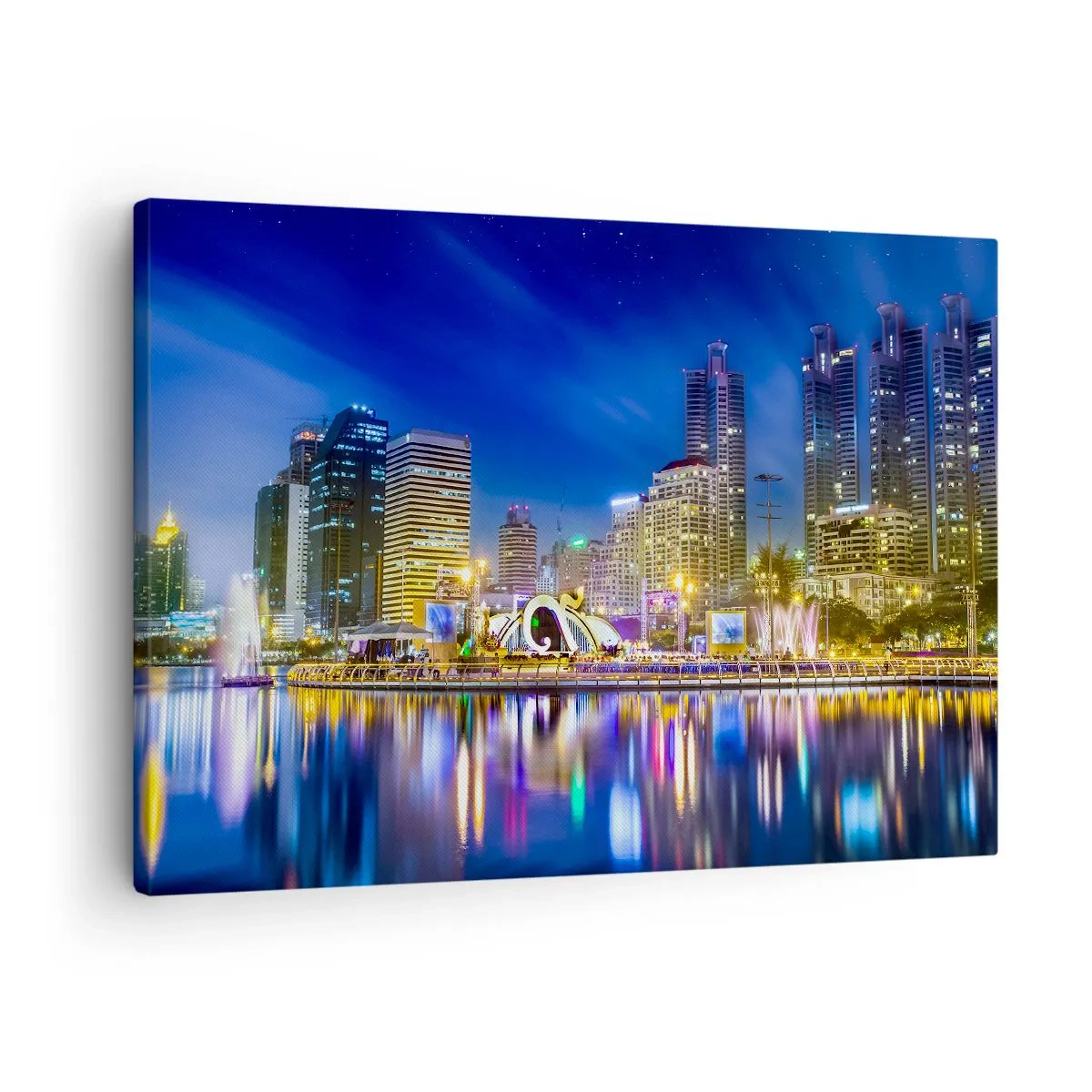 Bild auf Leinwand - Leinwandbild - Nachtpanorama der Stadt mit auf dem Wasser reflektierten Lichtern - 70x50cm - Metropolis bei Regenbogennacht - Moderne Wanddekoration für Wohnzimmer und Schlafzimmer ARTTOR