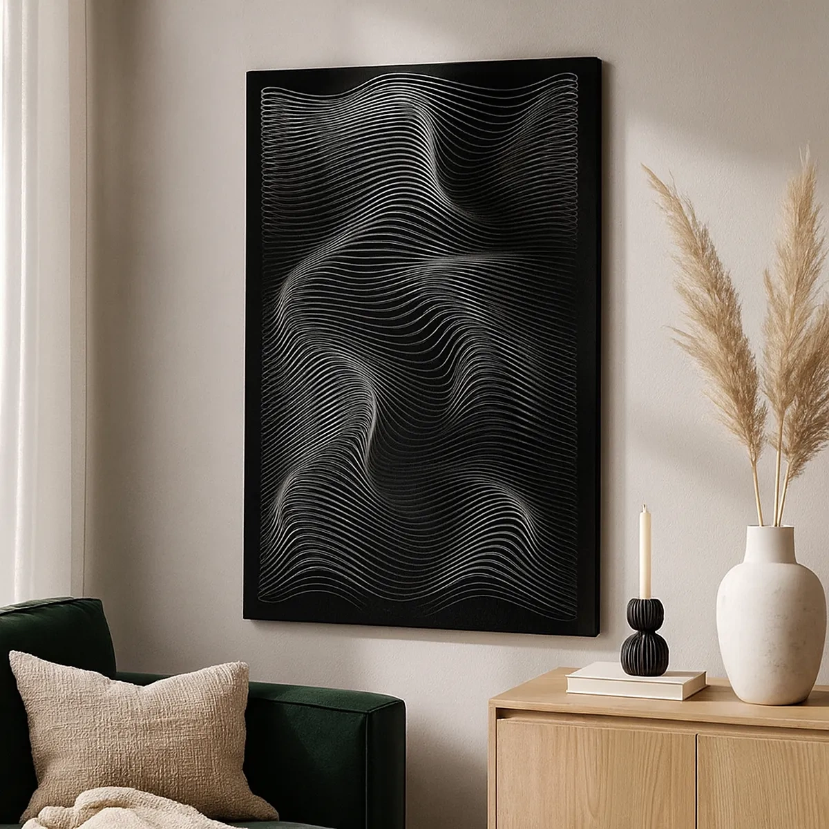Bild auf Leinwand - Leinwandbild - Abstrakte weiße Linien auf schwarzem Hintergrund - 50x70cm - Lichttanz im Raum - Moderne Wanddekoration für Wohnzimmer und Schlafzimmer ARTTOR