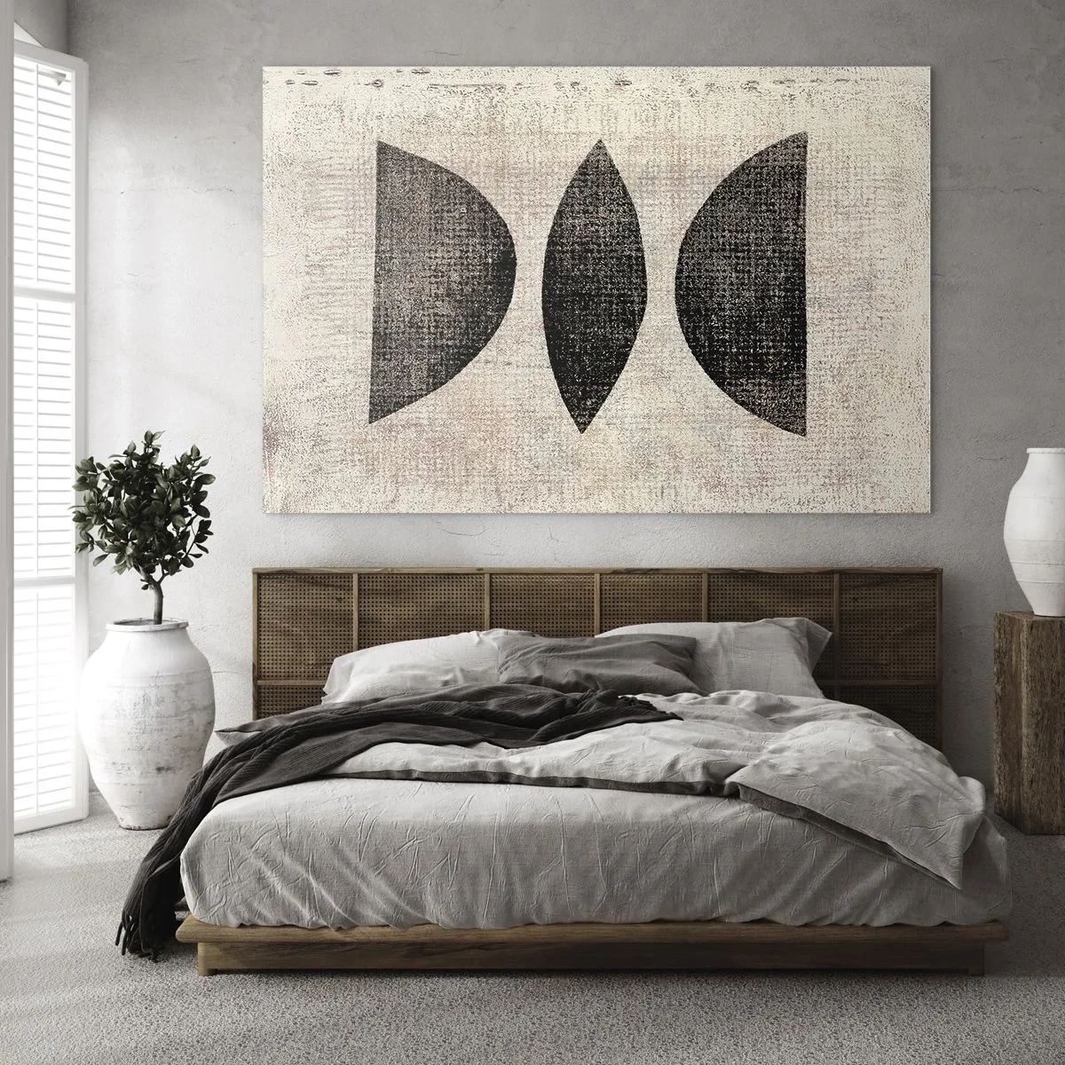 Glasbild - Bild auf glas - Schwarze geometrische Formen auf beigem Hintergrund - 100x70cm - Ethnische Abstraktion - Moderne Wanddekoration für Wohnzimmer und Schlafzimmer ARTTOR