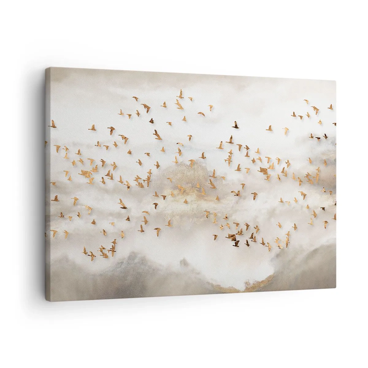 Bild auf Leinwand - Leinwandbild - Goldene Vögel vor den nebligen Bergen - 70x50cm - Es ist schon die Zeit… - Moderne Wanddekoration für Wohnzimmer und Schlafzimmer ARTTOR