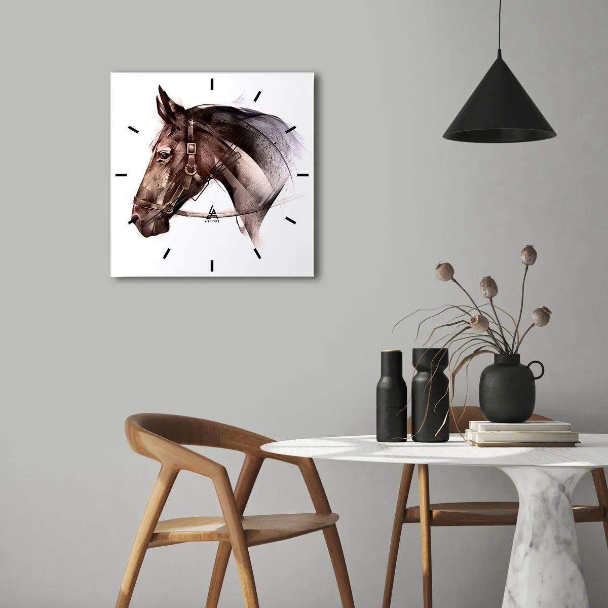 Wanduhr - Glasuhr - Ein Pferdeprofil in filigraner künstlerischer Form auf weißem Hintergrund - 30x30cm - Was für eine Gnade - Moderne Wanddekoration für Wohnzimmer und Schlafzimmer ARTTOR