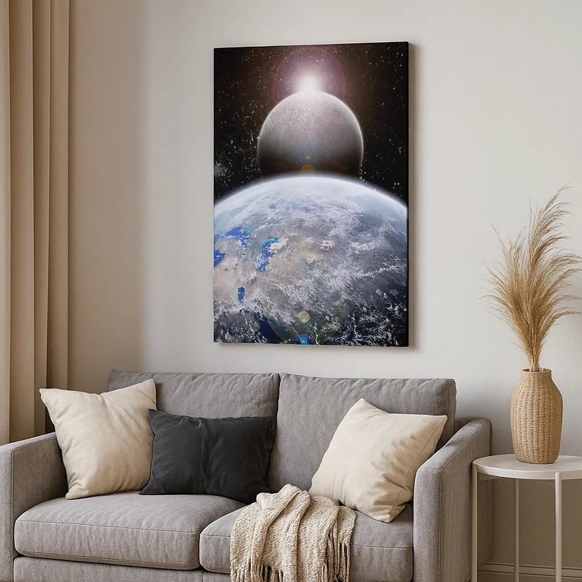 Bild auf Leinwand - Leinwandbild - Planet Erde und Mond vor dem Hintergrund des sternenklaren Weltraums. - 50x70cm - Weltraumlandschaft - Sonnenaufgang - Moderne Wanddekoration für Wohnzimmer und Schlafzimmer ARTTOR