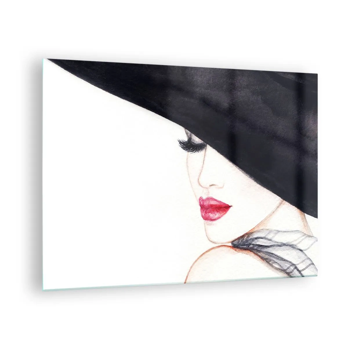 Glasbild - Bild auf glas - Ein subtiles Porträt einer Frau mit Hut und roten Lippen - 70x50cm - Eleganz und Sinnlichkeit - Moderne Wanddekoration für Wohnzimmer und Schlafzimmer ARTTOR
