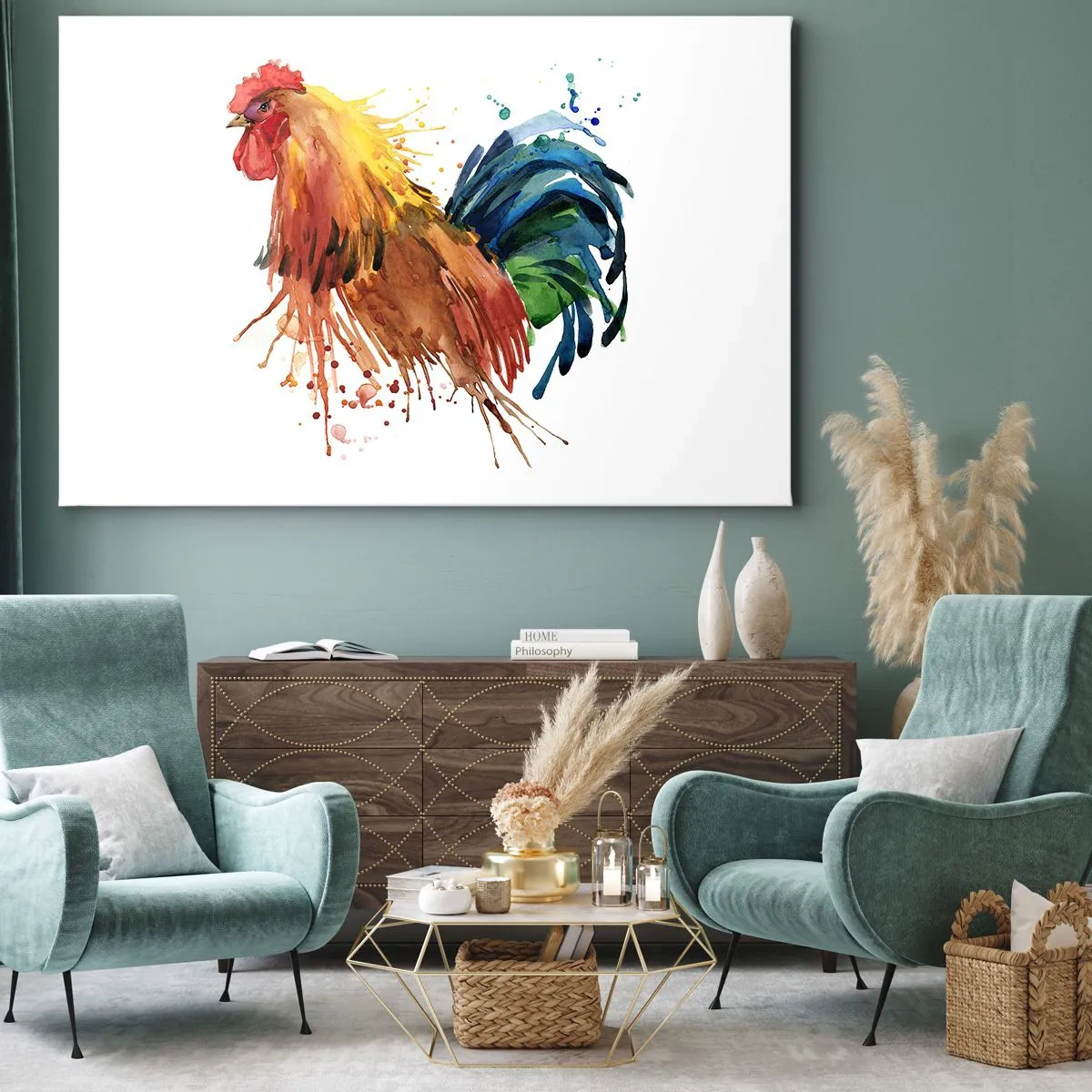 Bild auf Leinwand - Leinwandbild - Bunter Hahn im Aquarellstil - 70x50cm - Königliches Gewand, königlicher Stolz - Moderne Wanddekoration für Wohnzimmer und Schlafzimmer ARTTOR