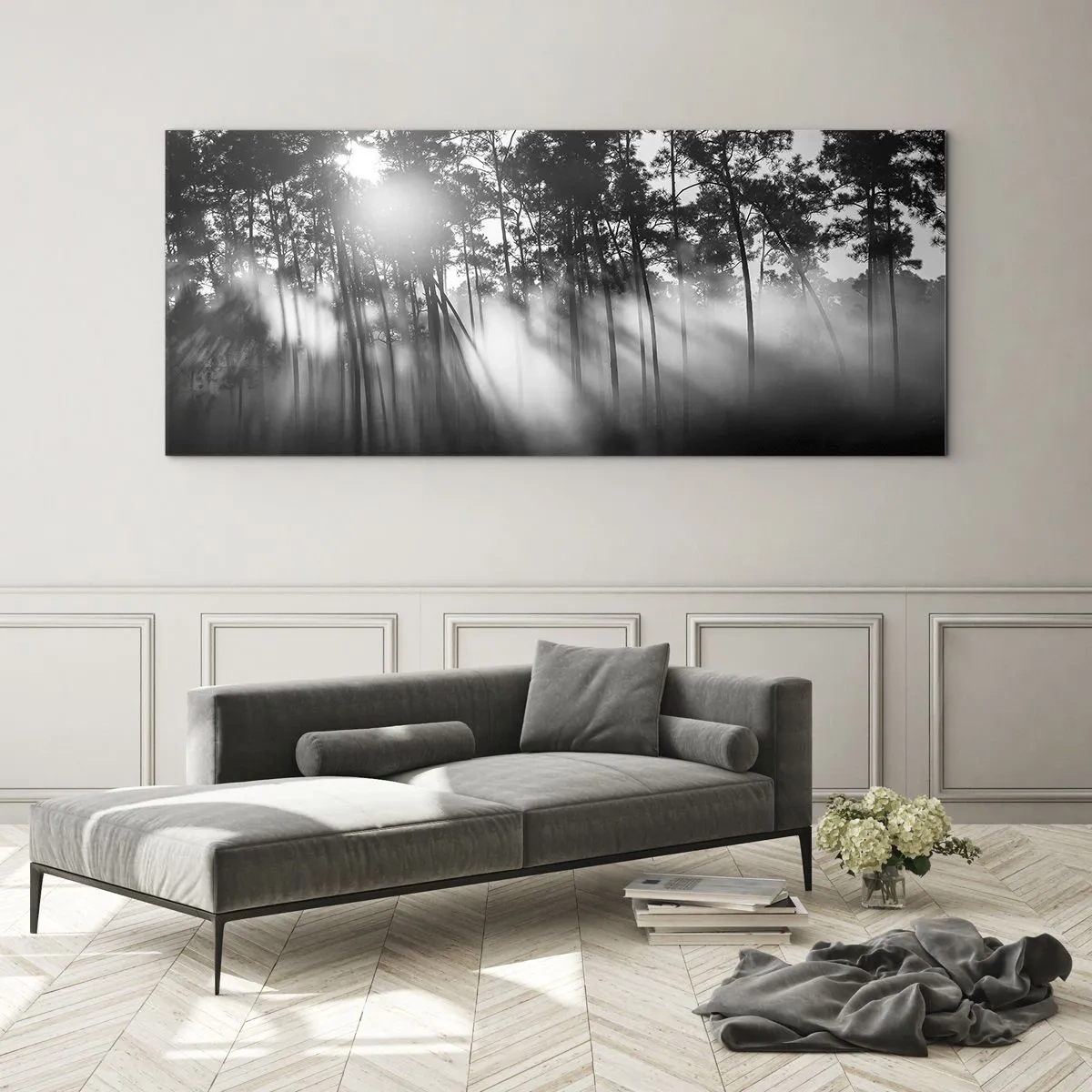 Glasbild - Bild auf glas - Schwarz-weißer Wald im Morgennebel - 140x50cm - Unaufhaltsame Sonne - Moderne Wanddekoration für Wohnzimmer und Schlafzimmer ARTTOR