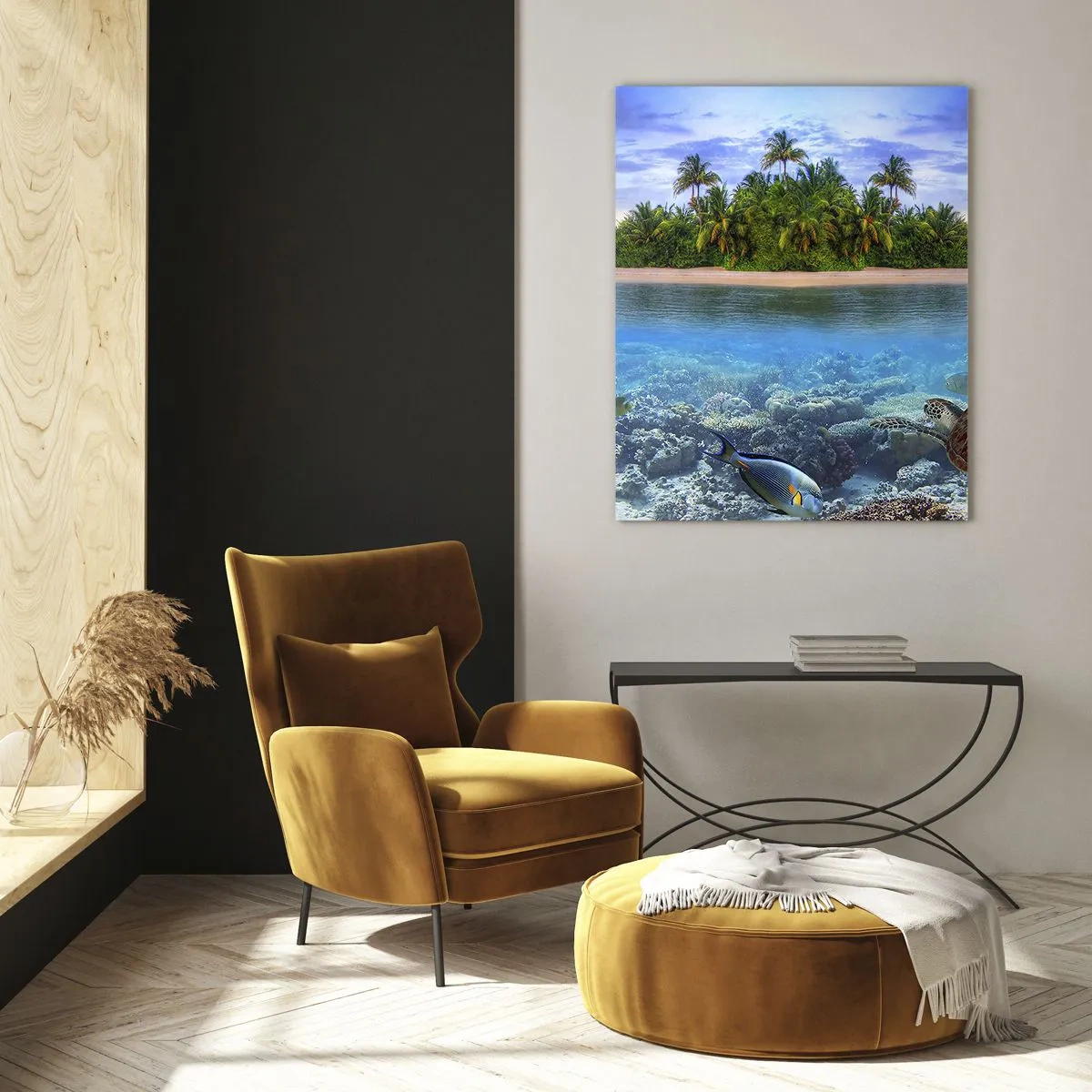 Glasbild - Bild auf glas - Eine tropische Insel, umgeben von einem türkisfarbenen Ozean mit einem Korallenriff und Fischen. - 80x120cm - Heavenly Island lädt dich ein - Moderne Wanddekoration für Wohnzimmer und Schlafzimmer ARTTOR