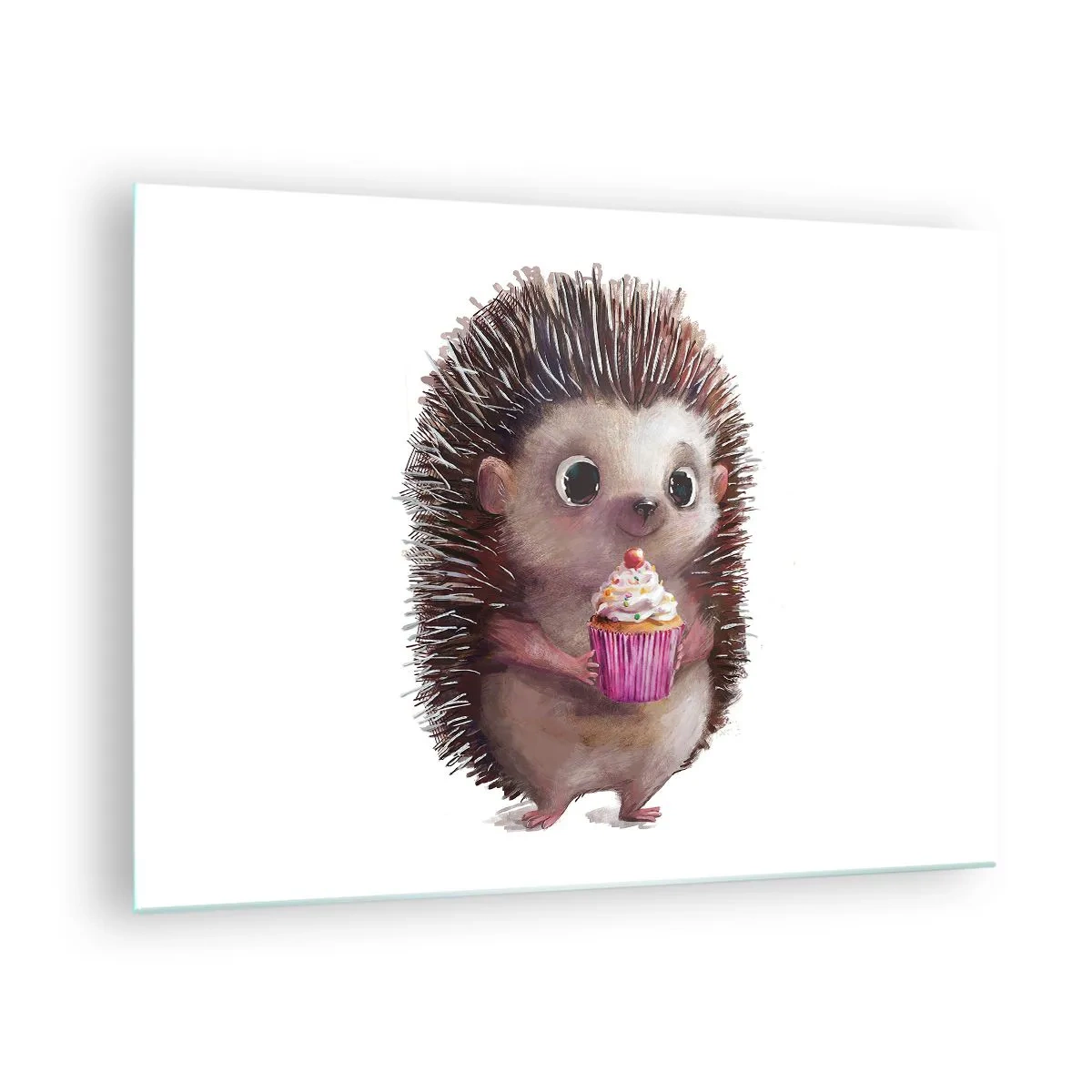Glasbild - Bild auf glas - Ein süßer Igel mit einem Cupcake auf weißem Hintergrund - 70x50cm - Der Feiertag ist jeden Tag - Moderne Wanddekoration für Wohnzimmer und Schlafzimmer ARTTOR