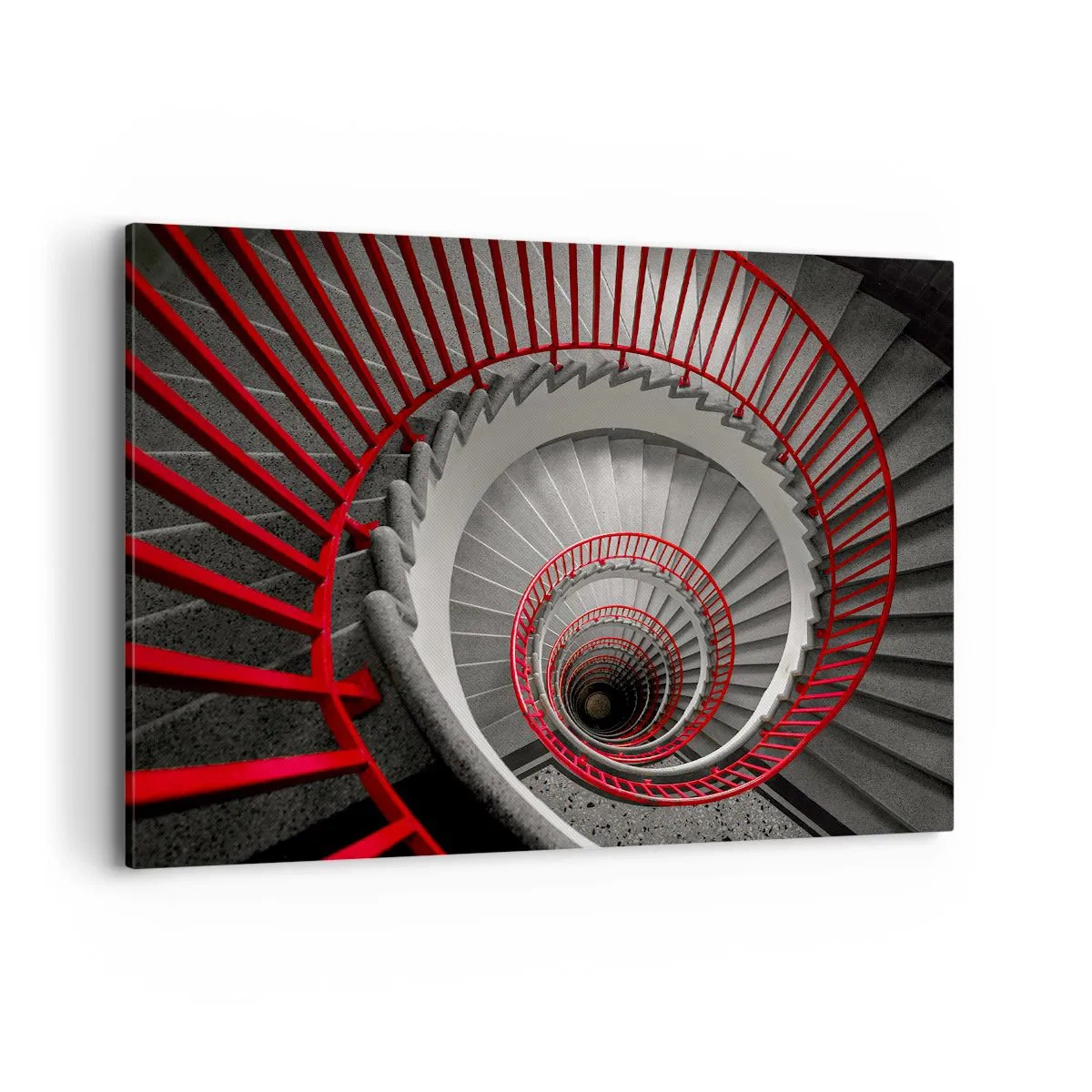 Bild auf Leinwand - Leinwandbild - Wendeltreppe mit roten Handläufen in dynamischer Perspektive - 100x70cm - Architekturspaß - Moderne Wanddekoration für Wohnzimmer und Schlafzimmer ARTTOR